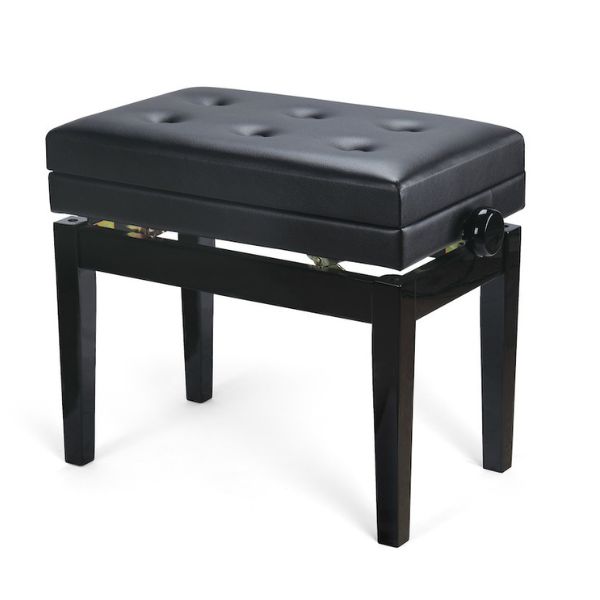 כסא לפסנתר מתכוונן עם תא לתווים בצבע שחור מבריק